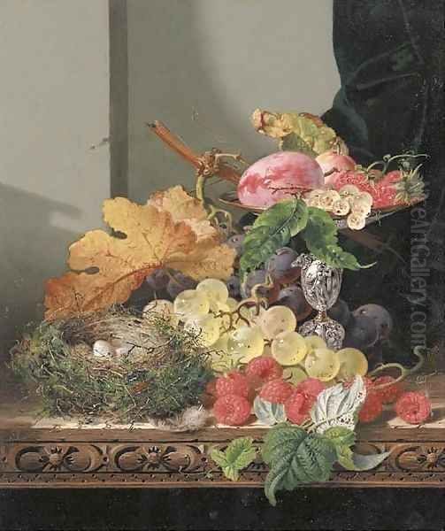 Plums, strawberries and grapes in a tazza, with black and white grapes, raspberries and a bird's nest on a wooden ledge Oil Painting by Edward Ladell