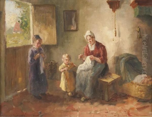 Stickende Bauerin Mit Kindern Oil Painting by Bernard Johann De Hoog