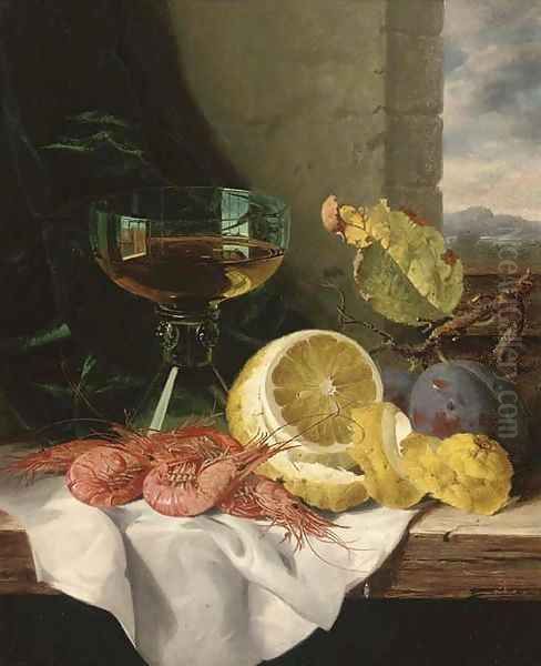 Plums, shrimps, a lemon and a glass of wine, on a wooden ledge Oil Painting by Edward Ladell