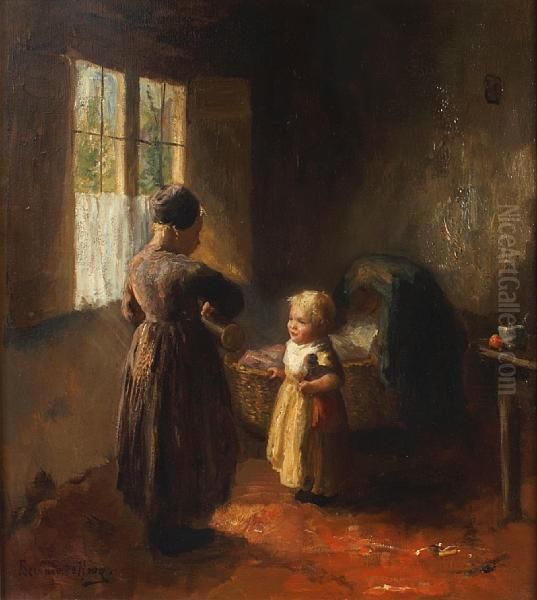 Figures In An Interior Oil Painting by Bernard Johann De Hoog