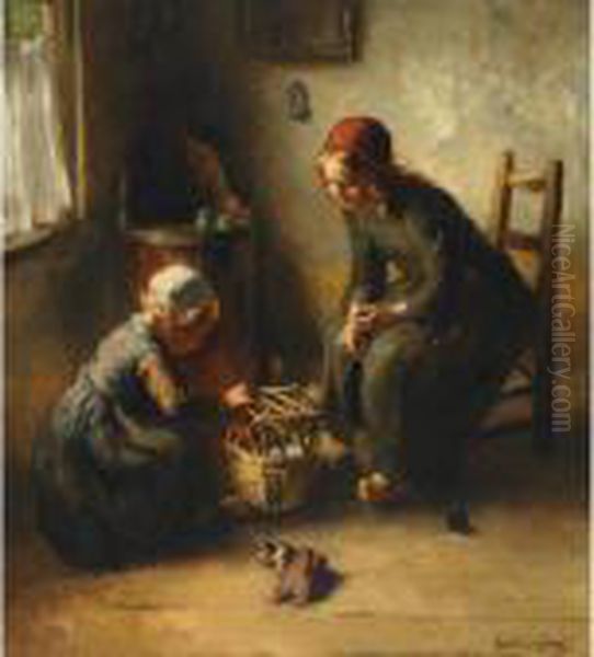 Sisters Playing With The New Pet Oil Painting by Bernard Johann De Hoog