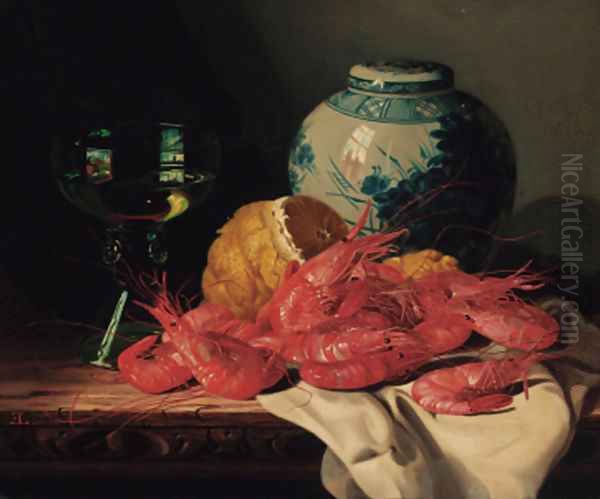 Shrimps, a peeled lemon, a glass of wine and a blue and white ginger jar, on a draped table Oil Painting by Edward Ladell