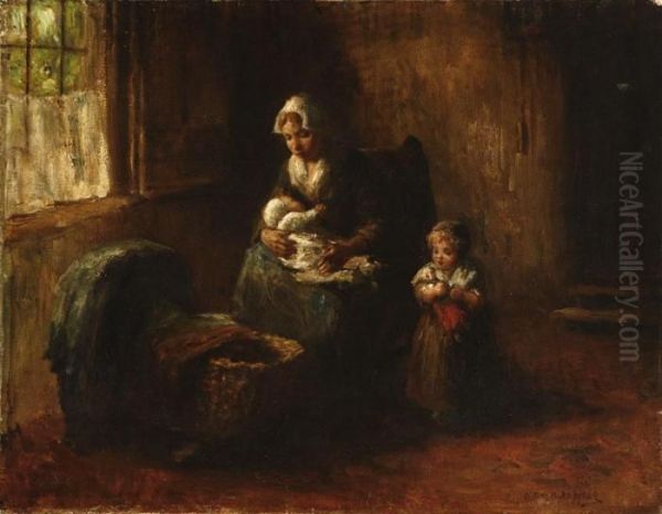 Mother And Children In A Dutch Interior Oil Painting by Bernard Johann De Hoog