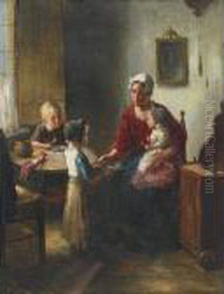 Helping Mother Feed Younger Sister Oil Painting by Bernard Johann De Hoog