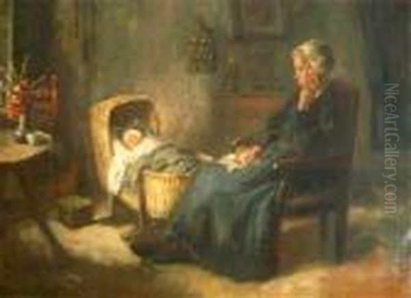 Interior Of A Women With A Baby In A Crib Oil Painting by Bernard Johann De Hoog