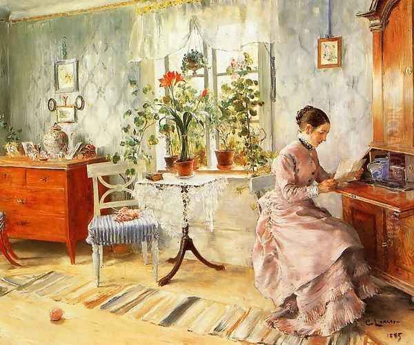 An Interior with a Woman Reading Oil Painting by Carl Larsson