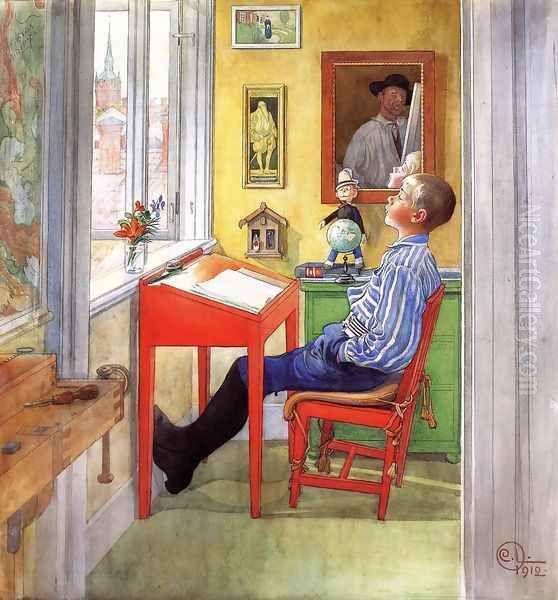 Esbjorn Doing His Homework Oil Painting by Carl Larsson