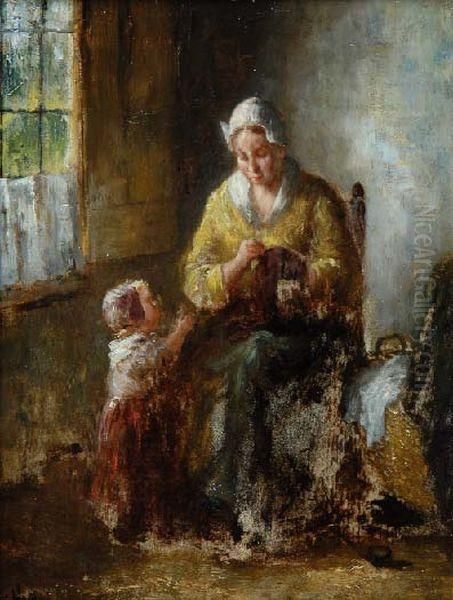 Binnenhuis Met Handwerkende Vrouw Metkind Oil Painting by Bernard Johann De Hoog