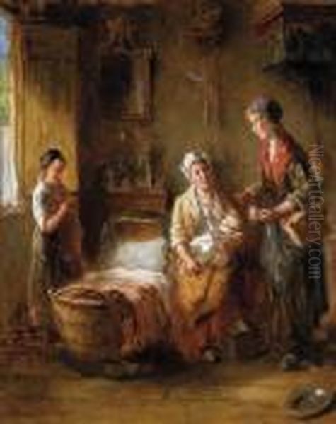 Hollandisches Interieur Mit Einer Frau Undeinem Jungen Madchen Oil Painting by Bernard Johann De Hoog