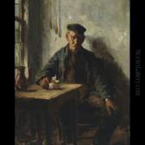 A Mid Day Prayer; Old Peasant Resting In A Kitchen Oil Painting by Bernard Johann De Hoog