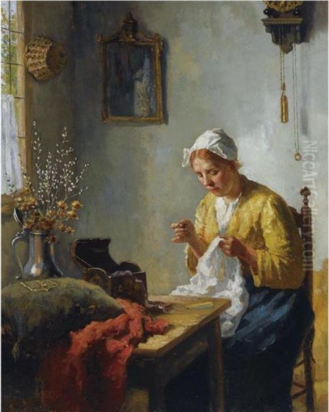 Doing Needlework By The Window Oil Painting by Bernard Johann De Hoog