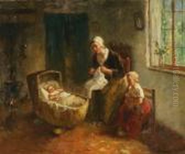 Interior With Amother And Her Children In The Village Of Laren Oil Painting by Bernard Johann De Hoog