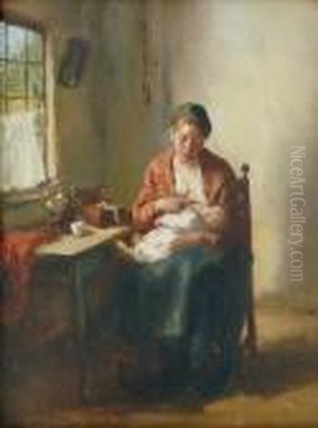 Feeding The Baby Oil Painting by Bernard Johann De Hoog