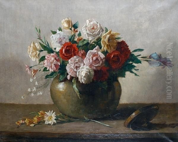 Still Life Of Red, Pink, White And Yellow Roses In A Brass Vessel Oil Painting by Bernard Johann De Hoog