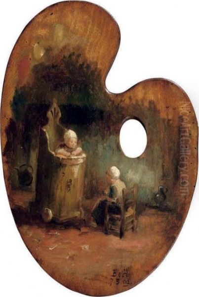 Children In An Interior - A Palette Oil Painting by Bernard Johann De Hoog