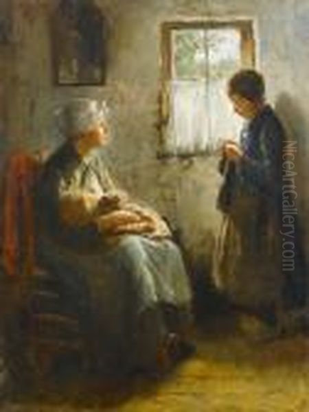 The Knitting Lesson Oil Painting by Bernard Johann De Hoog