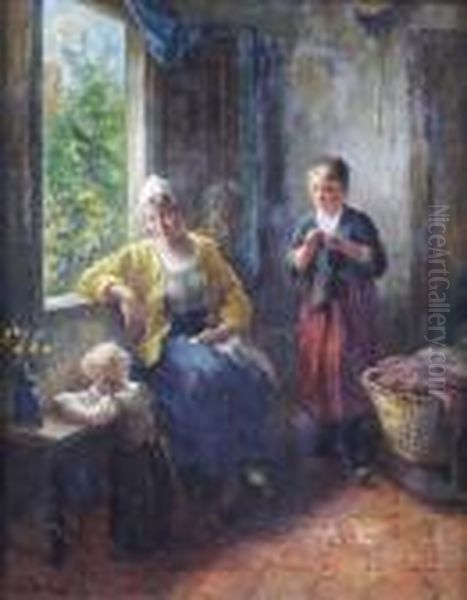 Interior Scene With Two Women And A Child Oil Painting by Bernard Johann De Hoog