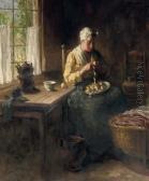 Peeling Potatoes In Sunlight Oil Painting by Bernard Johann De Hoog