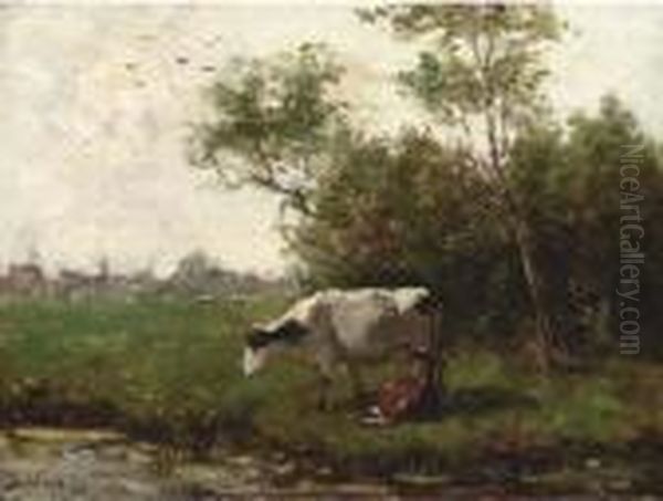 Milking Time Oil Painting by Bernard Johann De Hoog