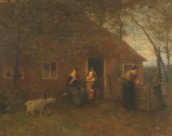 A Family Outside Their Cottage Oil Painting by Bernard Johann De Hoog