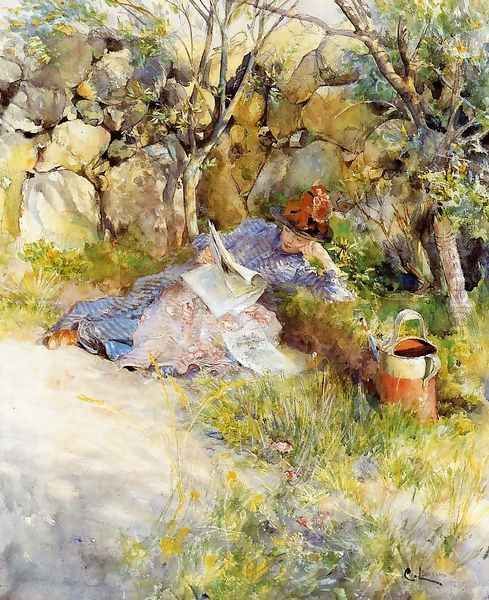 A Lady Reading a Newspaper Oil Painting by Carl Larsson