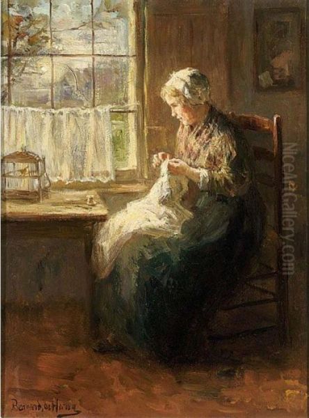 A Young Woman Sewing Oil Painting by Bernard Johann De Hoog