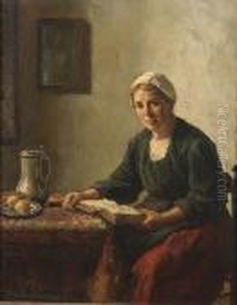 A Lady Reading At A Table Oil Painting by Bernard Johann De Hoog