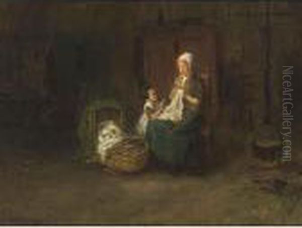 A Mother And Her Children In An Interior Oil Painting by Bernard Johann De Hoog