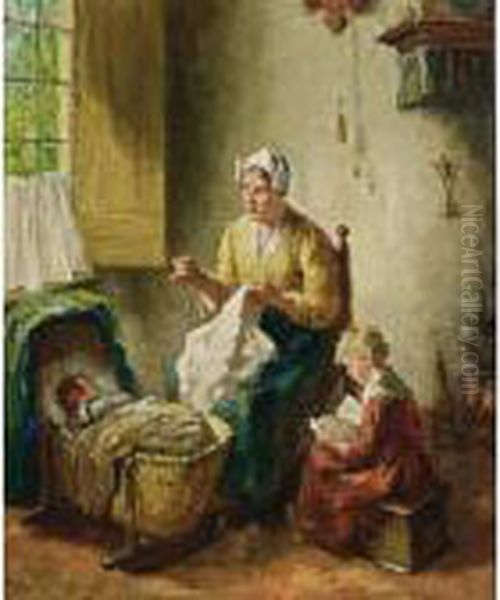 A Mother And Her Children In An Interior Oil Painting by Bernard Johann De Hoog