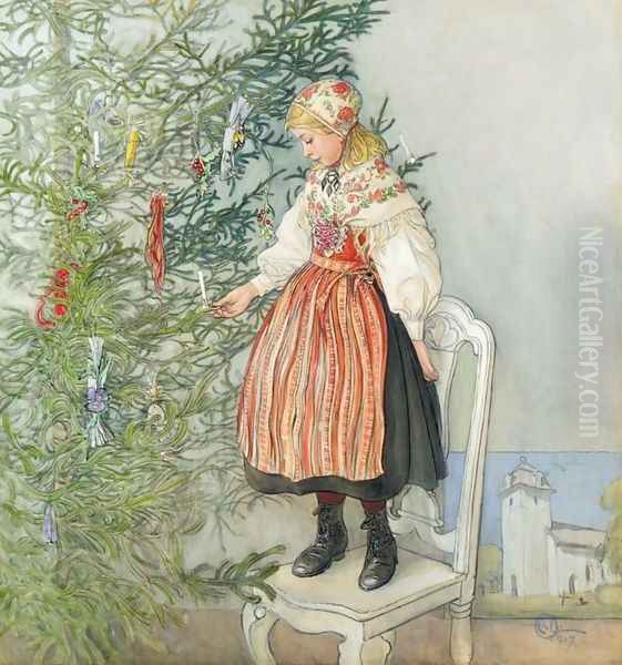 Decorating the Tree (Julgranskonfekt) Oil Painting by Carl Larsson