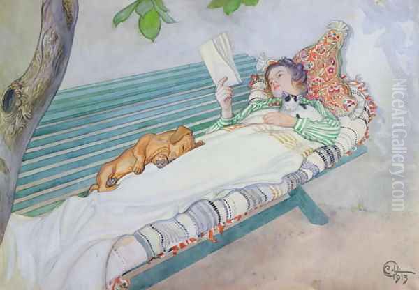 Woman Lying on a Bench Oil Painting by Carl Larsson