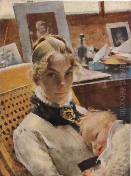 A studio idyll. The artist's wife and their daughter Oil Painting by Carl Larsson