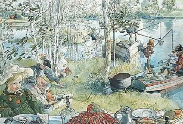 Crayfishing Oil Painting by Carl Larsson