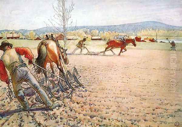 Harrowing The Field Oil Painting by Carl Larsson