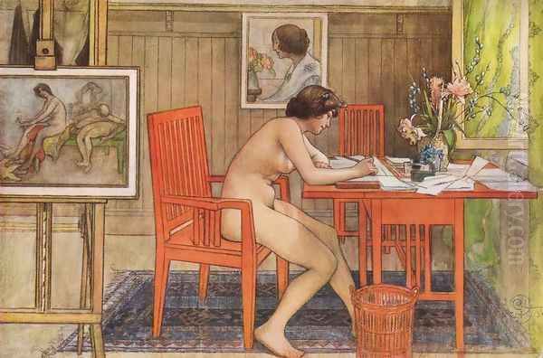 Model Writing Postcards Oil Painting by Carl Larsson