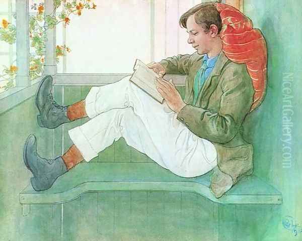 Esbjorn Reading On The Veranda Oil Painting by Carl Larsson