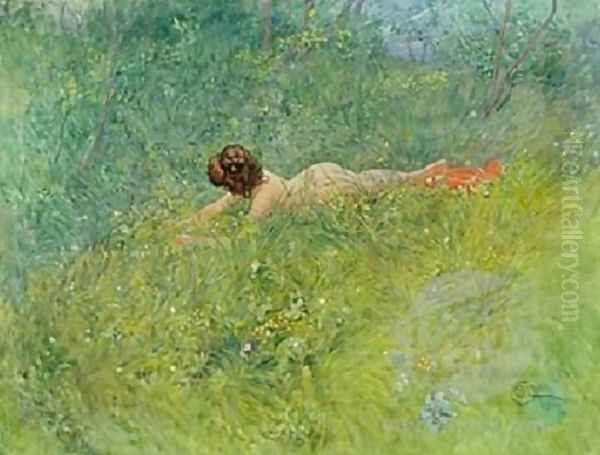 On the Grass Oil Painting by Carl Larsson