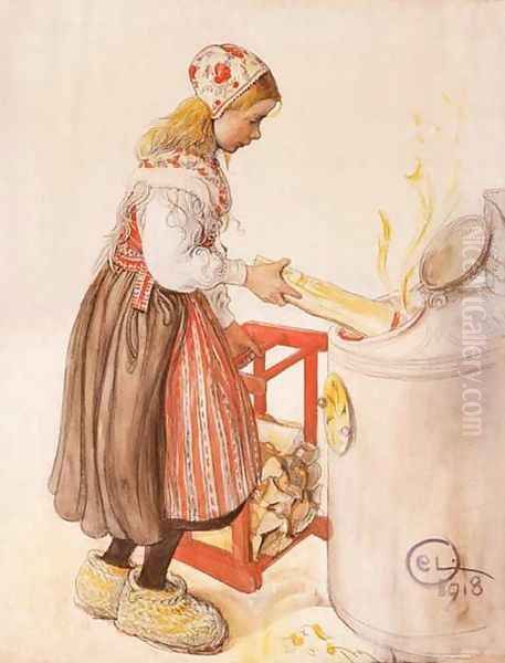 Lillanna Feeds The Heater Oil Painting by Carl Larsson