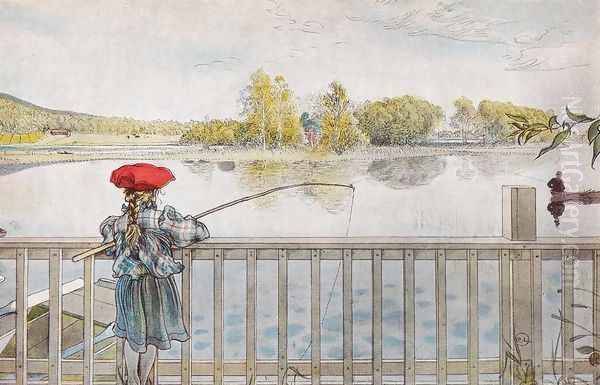 Lisbeth Fishing Oil Painting by Carl Larsson