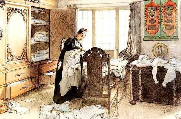 Karin By The Linen Cupboard Oil Painting by Carl Larsson