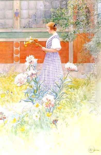 Lisbeth And Peonies Oil Painting by Carl Larsson