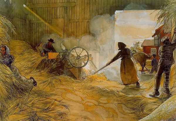 The Threshing of the grain Oil Painting by Carl Larsson