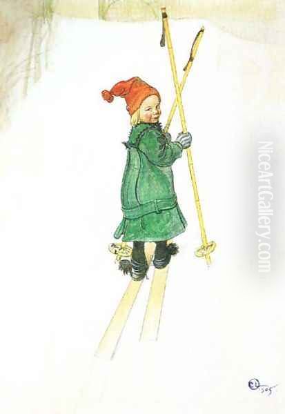 Esbjorn On Skis Oil Painting by Carl Larsson