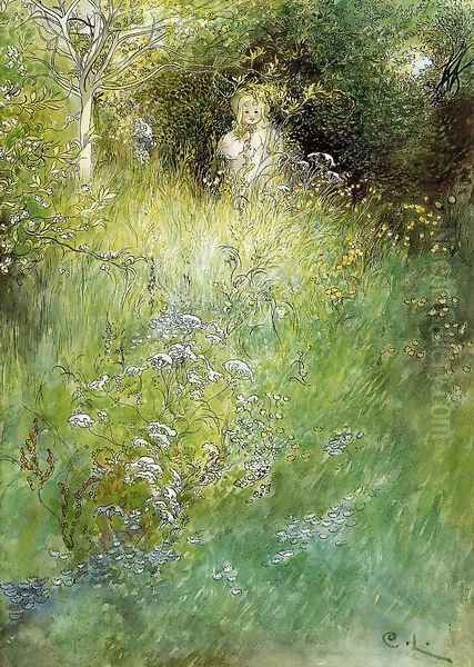 A Fairy, Kersti and a View of a Meadow Oil Painting by Carl Larsson