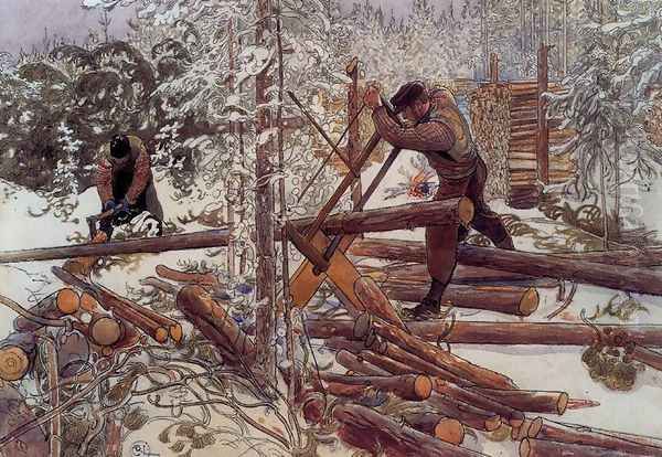 Woodcutters in the forest Oil Painting by Carl Larsson