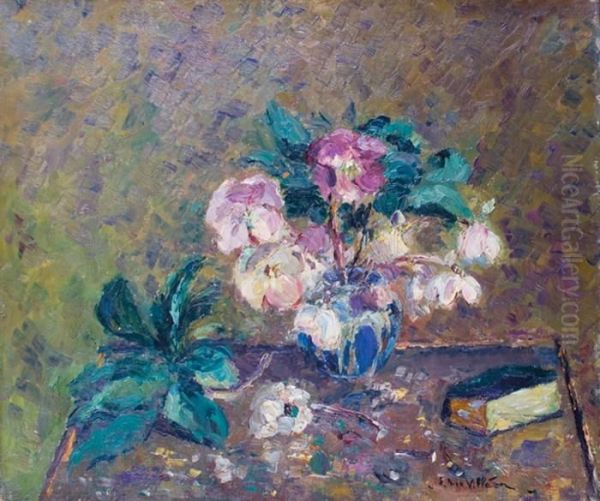 Vase De Fleurs Sur Un Entablement Oil Painting by Emmanuel De La Villeon