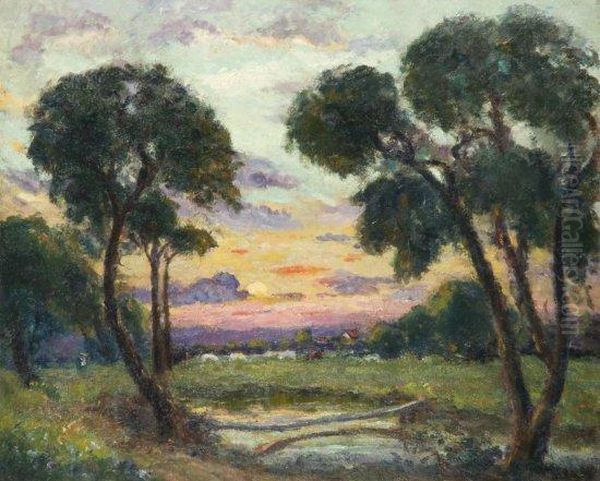 Paysage Au Soleil Couchant Oil Painting by Emmanuel De La Villeon