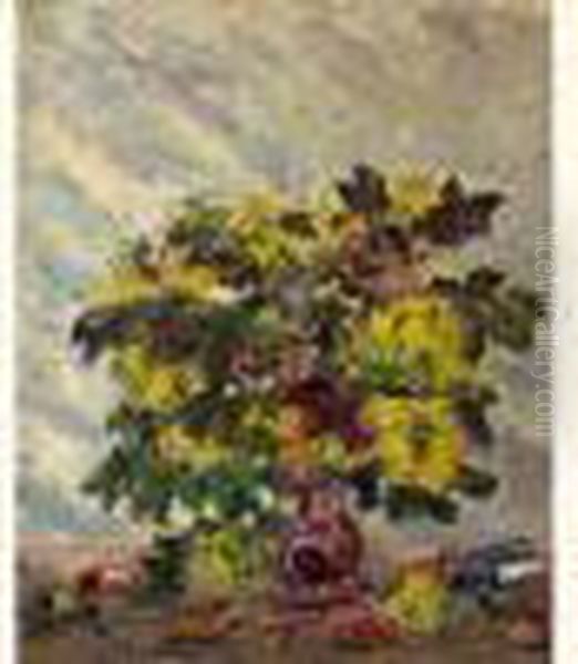 Bouquet De Mahonias, Vers 1912 Oil Painting by Emmanuel De La Villeon