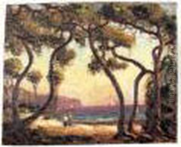 promeneurs En Bord De Mer Sous Les Pins Oil Painting by Emmanuel De La Villeon