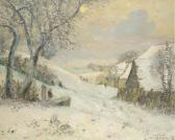 Le Village Sous La Neige Oil Painting by Emmanuel De La Villeon